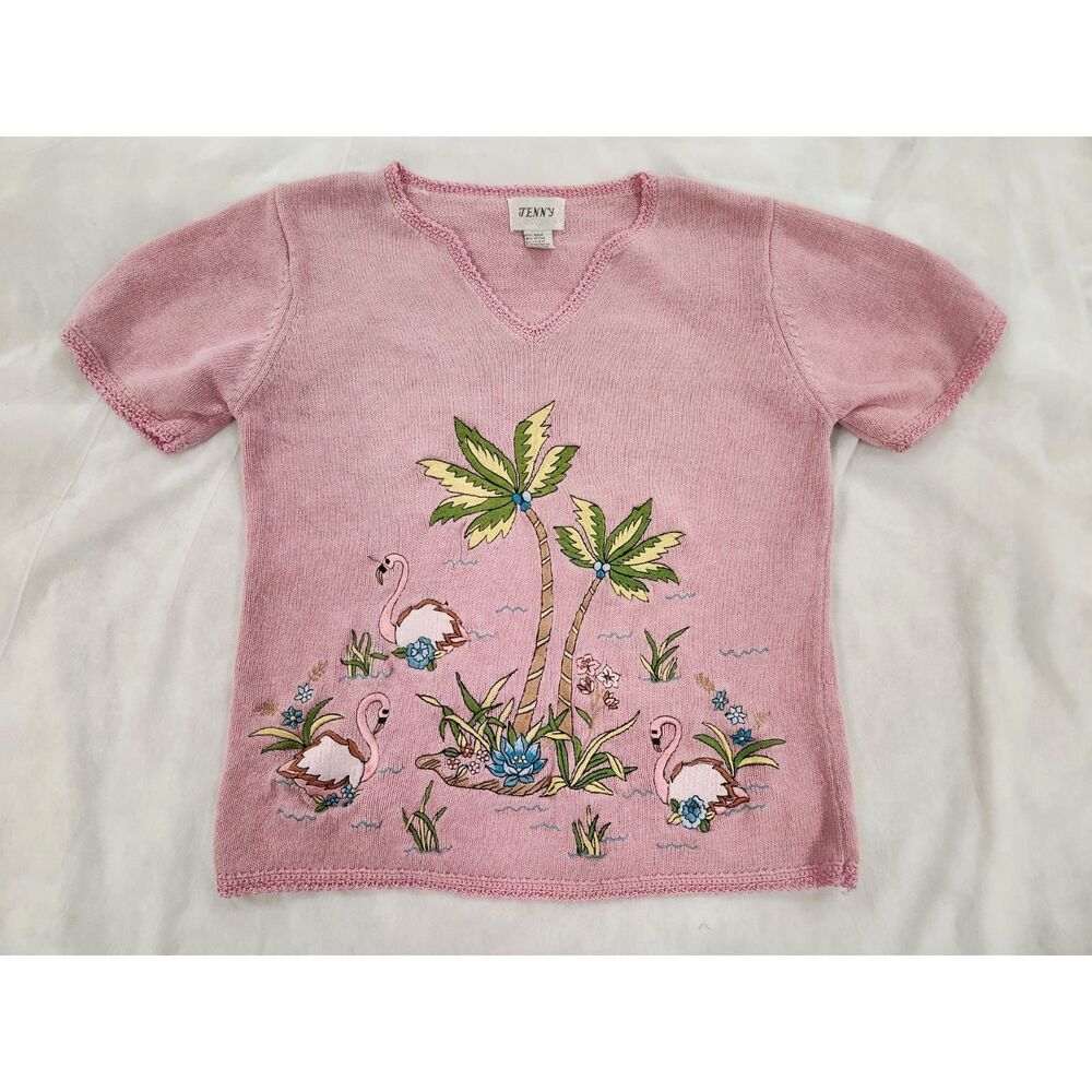 Vintage Jenny Embroidered Flamingo Lightweight Tropical Knit Sweater Pink Size S